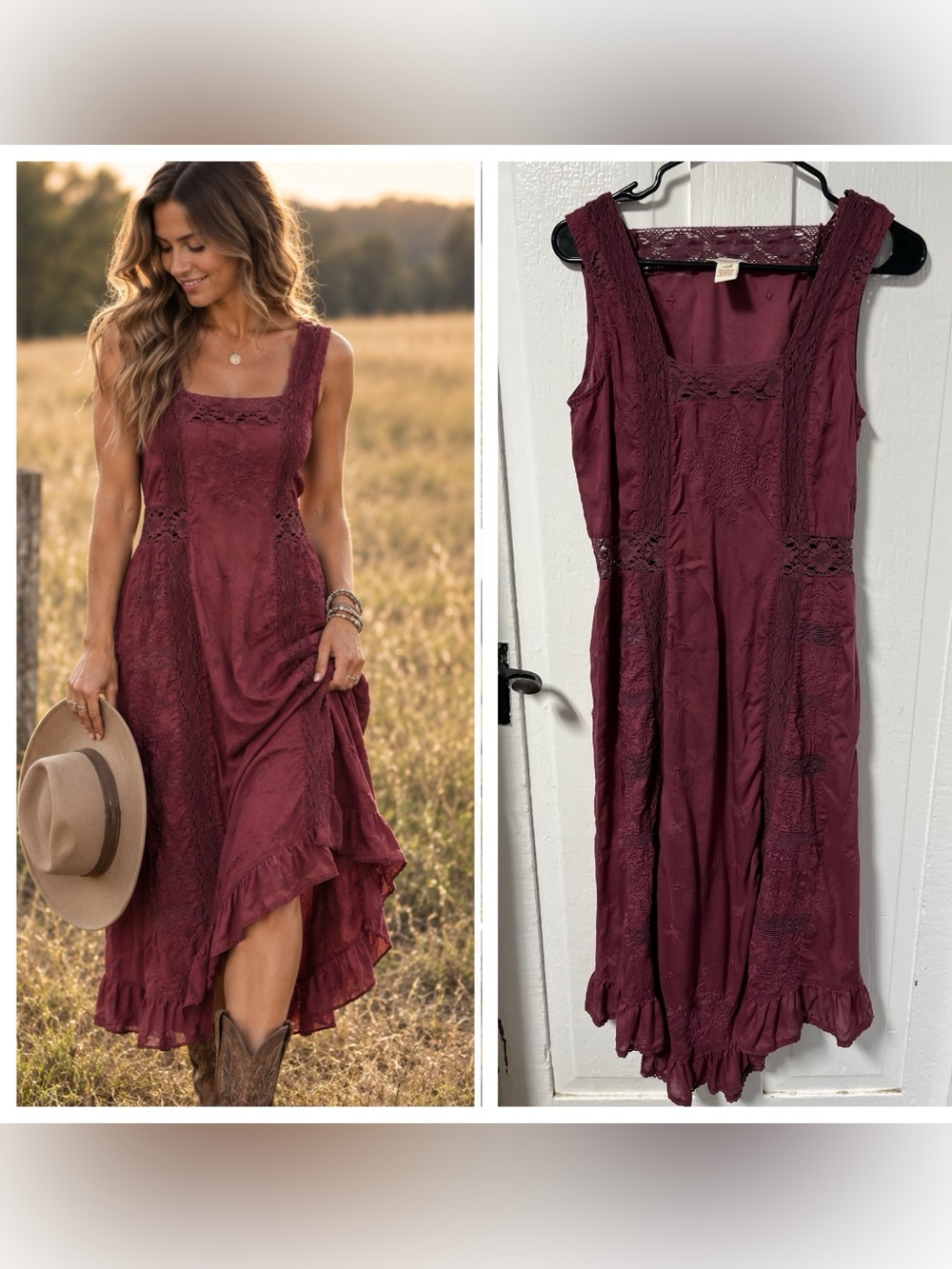 Sundance stonewashed Burgundy Wine Embroidered Lace Boho Midi Dress Size 6